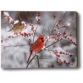 BANBERRY DESIGNS Cardinal Canvas Print - LED Lighted Print with Cardinals and Berries - Winter Scene Artwork - Cardinal Pictures