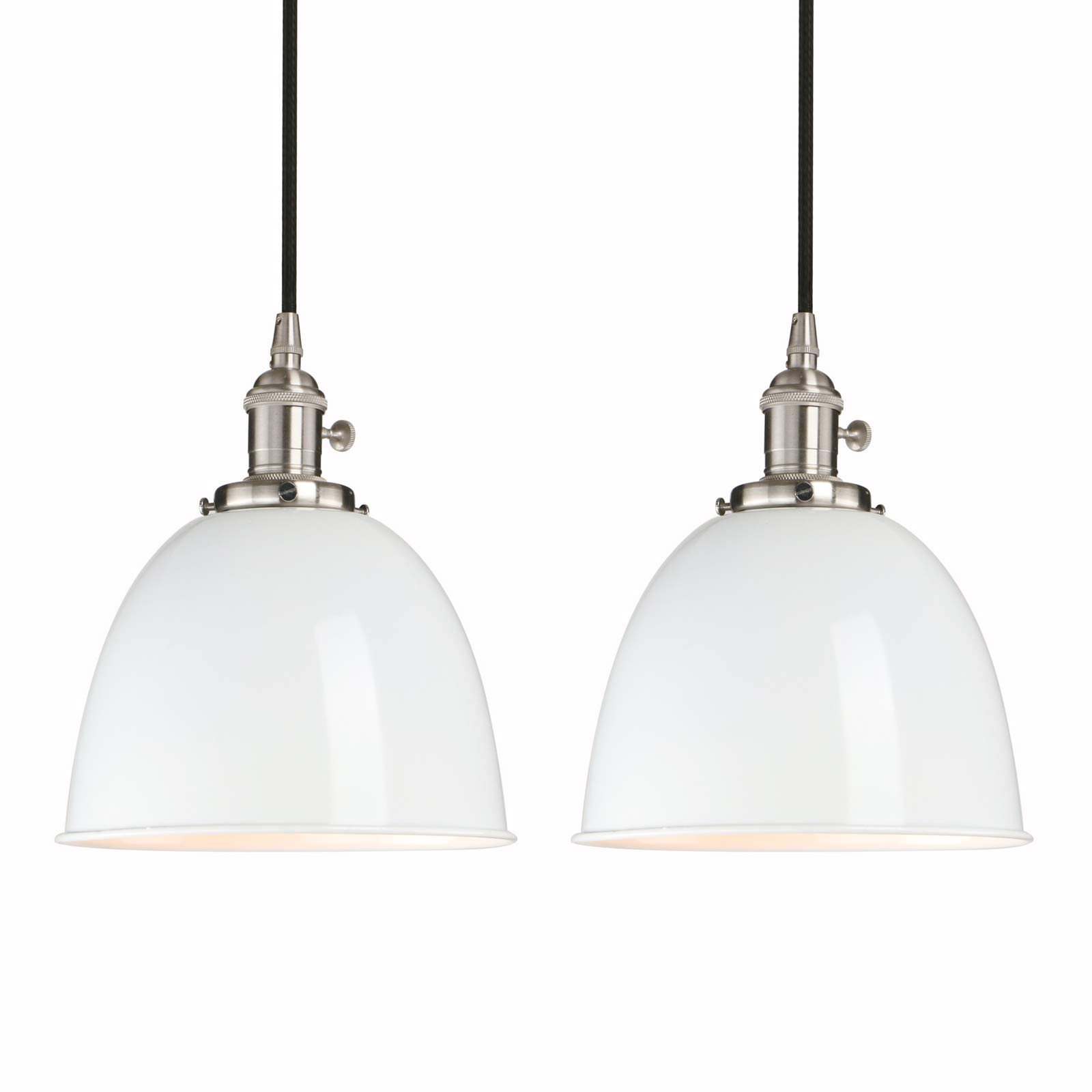 Phansthy Set of 2 Vintage Pendant Light with Switch Metal Dome Lampshade Hanging Lamps Ceiling Fitting Light Fixtures E27 Bulbs Brushed Steel Head Finish (White)