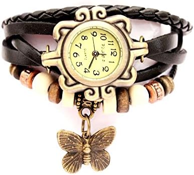 Insasta Vintage Antique Retro Style Weave Wrap Leather Strap Analogue Gold dial Women's Bracelet Watch with Butterfly Pendant - 442121 (BLACK)