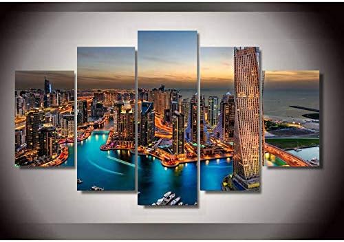 mmwin HD Poster Printed Modern Wall Art Modular 5 Panel Dubai City SkyscraperPictureHome Decor Living Room