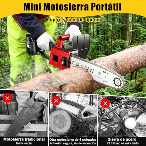 Mini Motosierra Inalámbrica de Mano de 12 Pulgadas,Motosierra Inalmbrica Portátil y Funcional,Motosierra Eléctrica de Con 2 Baterías 21v,para Poda de árboles,Jardinería