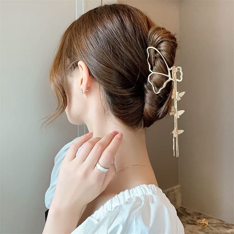 fdsmall Metal Butterfly Claw Clips for Thick Hair - Long Tassel Dangle with Gold Metal Non-Slip Hair Clips - Fashion Hair Accessories with Butterfly Tassels