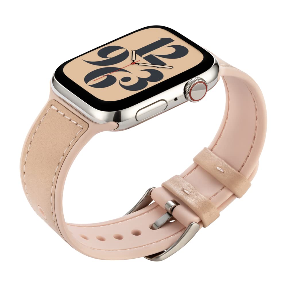 Buckle & Band Mona Silicone and Leather Sports Compatible Apple Watch Strap Pink Genuine Leather upper, silicone under with Silver Buckle for Series 1, 2, 3, 4, 5, 6, 7 38mm, 40mm, 41mm