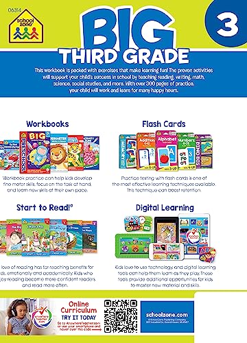 School Zone - Big Third Grade Workbook - 320 Pages, Ages 8 to 9, 3rd Grade, Reading, Writing, Math, Science, History, Social Science, Critical Thinking, and More (School Zone Big Workbook Series)