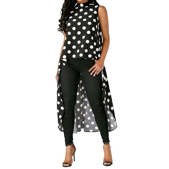 SHOBDW Damen Mode Lässig Ärmellos Polka Dot Schwarz Vorne Kurz Hinten Lang Unregelmäßige Saum Chiffon Bluse Tops