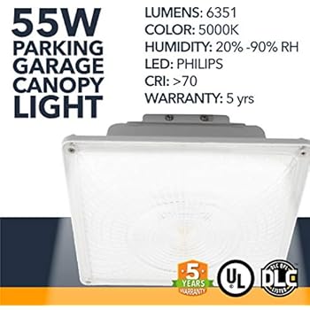 55W LED Canopy Light - Outdoor Gas Station LED Powered Canopy Light, 6351 Lumens - Commercial or Industrial Parking Garage Outdoor Canopy Lighting - 5000K