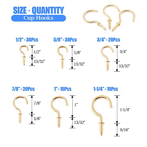 Glarks 120Pieces 6 Size Brass Plated Screwin Cup Hooks Lag Thread