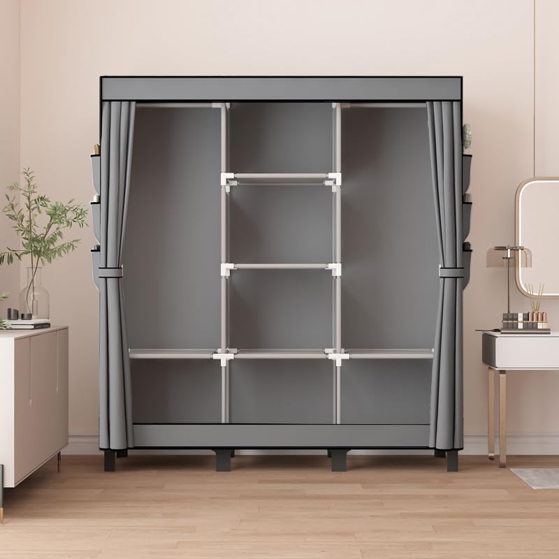 lishbie Portable Wardrobe Bedroom Wardrobe Clothes Storage Box Simple Hanging Grey