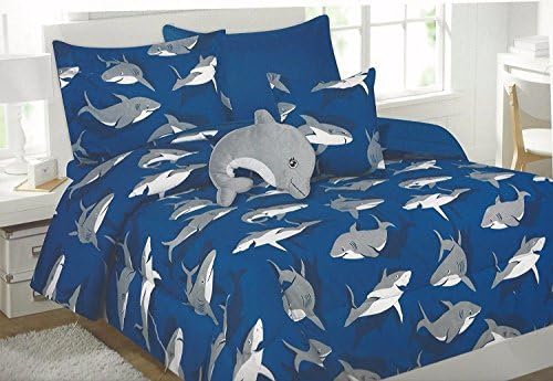 3 Piece Twin Size Shark Comforter Set with Bonus Stuffed Dolphin