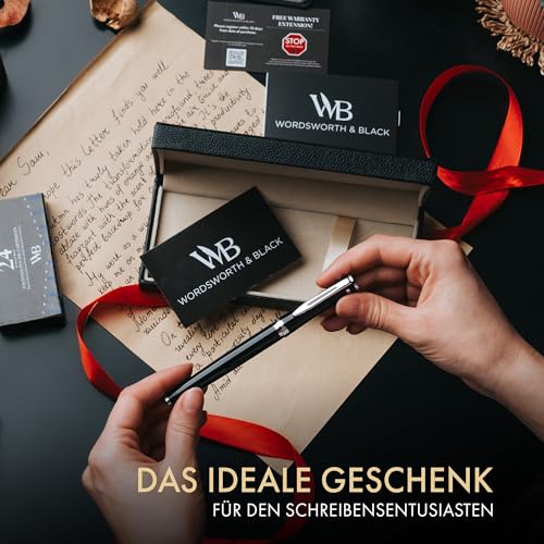 Wordsworth & Black Füllfederhalter Set, mittlere Spitze, inklusive 24 Tintenpatronen und Kolbenkonverter, Geschenkbox, Kalligraphie, glattes Schreiben, Chrom-Schwarz thumbnail 3