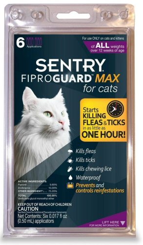 SENTRY Fiproguard MAX Flea and Tick Topcial for Cats, All Weights Over 12 Weeks, 6-Month Supply