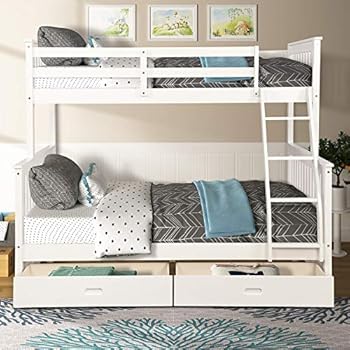 MERITLINE Bunk Bed, Wood Twin Over Full Bunk Bed Frame with Storage Drawers, White