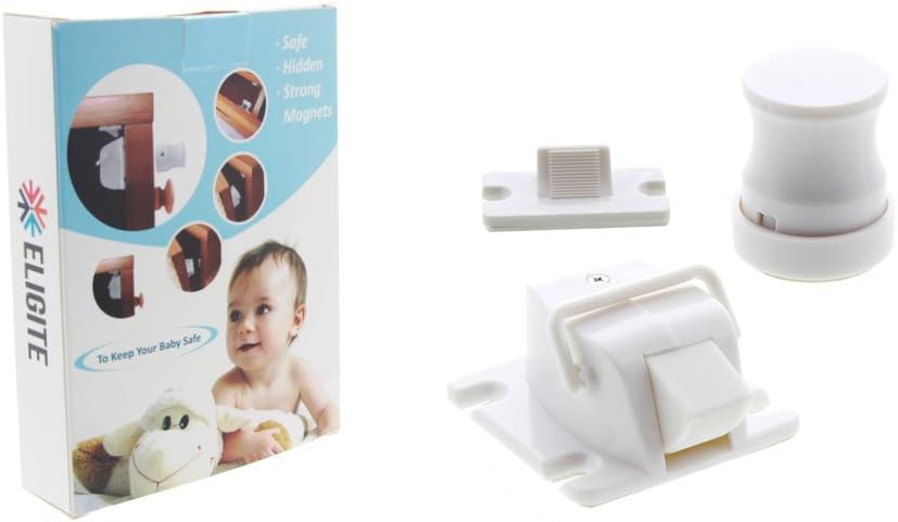 Eligite Magnetic Safety Lock System – Pack of 4 Locks + 1 Key – Keep Family Safe with Easy to Install Lock – Child, Toddler & Baby Proof Invisible Interior Lock for Cabinet, Drawers and Closets