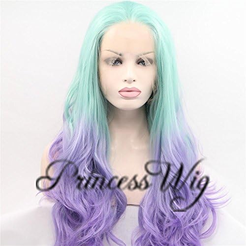 Princesswig Fashion Celebrity Pastel Colored Wig Purple Green Long Straight Lace Front Synthetic Hair Replacement for Women