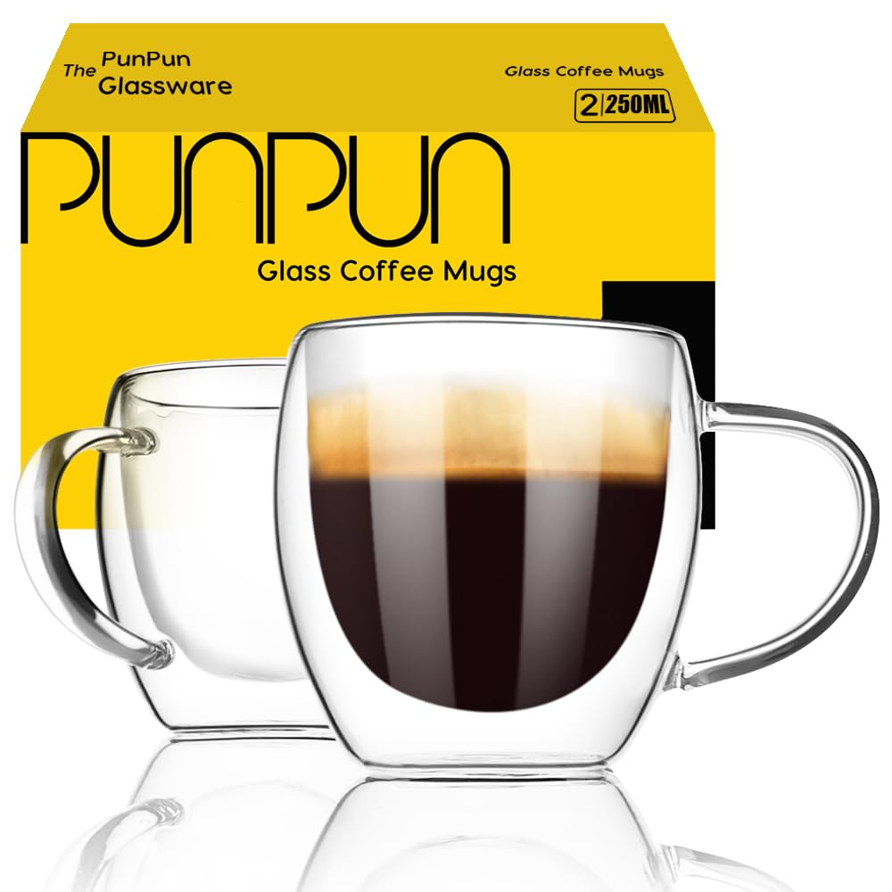 Punpun Double Wall Insulated Espresso Glass Cups Set of 2 - Perfect for Latte, Cappuccino & Hot Chocolate (250ml/8.5oz)