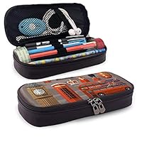 Pgonesex England London UK Set of Colored Icons Leather Cute Pencil Case - High Capacity Pencil Pouch Stationery Organizer Multifunction Cosmetic Makeup Bag, Perfect Holder for Pencils and Pens