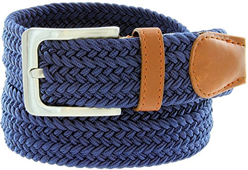Mens Braided Elastic Fabric Woven Stretch Belt Leather Inlay (Navy, Small)