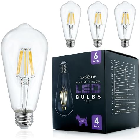Edison LED Bulb โ Vintage Dimmable Lightbulb 6W Filament โ 60 Watt Incandescent Equivalent โ 2700K Warm Light โ 4 Pack