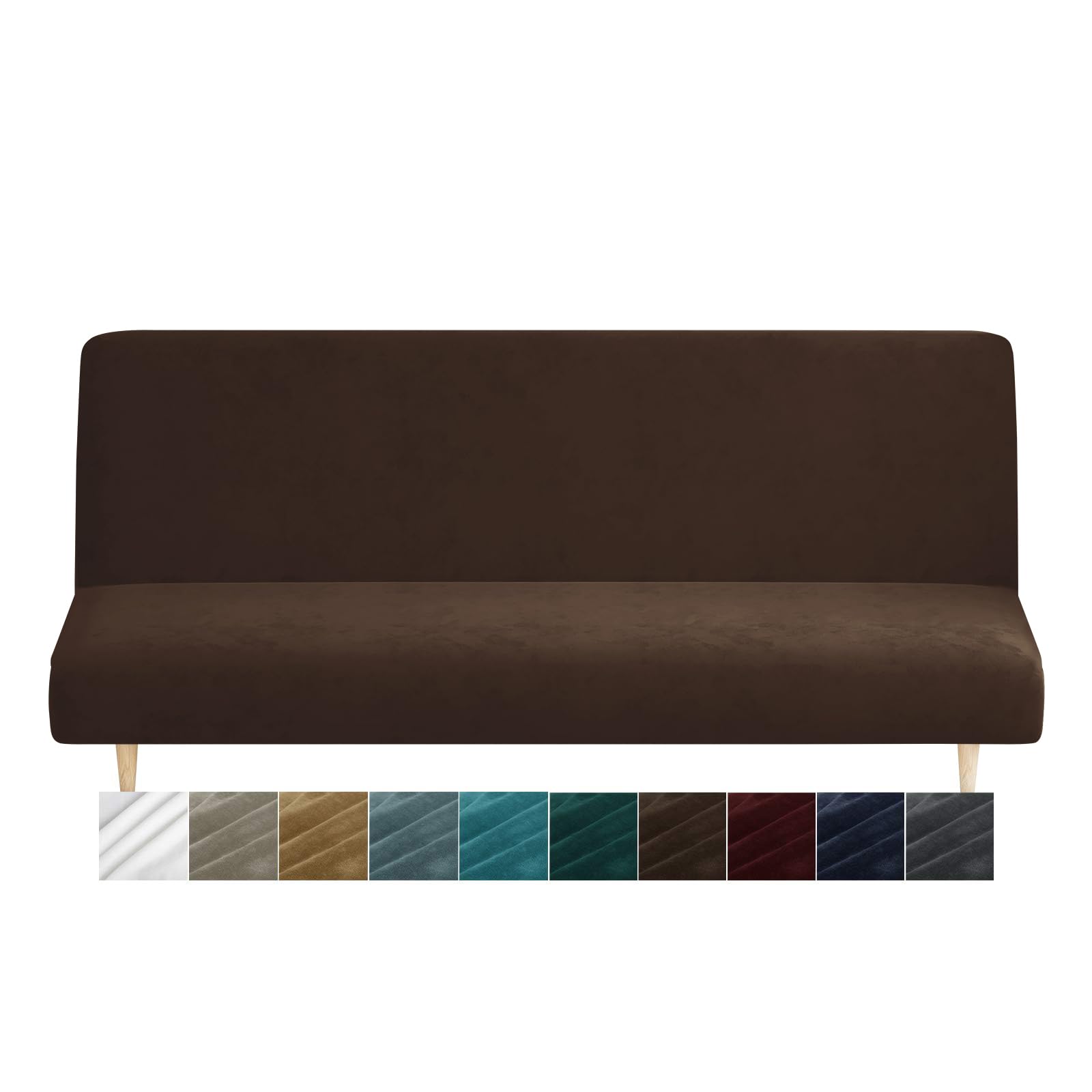 XINEAGE Velvet Futon Cover High Stretch Armless Couch Covers Spandex Fabric Sofa Bed Slipcover Anti Slip Furniture Protector with Elastic Bottom Machine Washable (Futon, Dark Coffee)