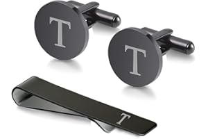 WIGERLON Initial Cufflinks and Tie Clip Set for Men,Stainless steel Letter Cuff Links and Tie Bar Set gift for Father Husband Son Boyfriend
