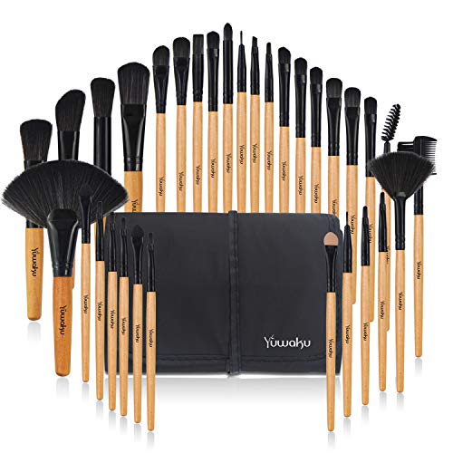 Beige Makeup Brush, Yuwaku 32pcs Wooden Make Up Brushes Set, Premium