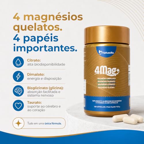Kit 360 cápsulas Magnésio Quelato 4 em 1. Dimalato + Bisglicinato + Citrato + Taurato + Vitamina D3