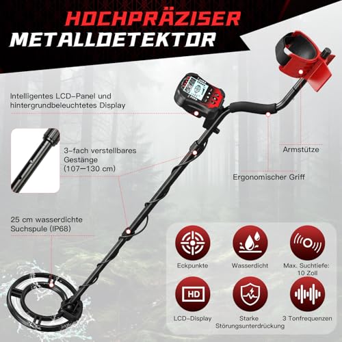 Professional Metal Detector for Adults, 6 Modes with DSP Chip Waterproof Search Coil of 10 Inches IP68, Height Adjustable 107-130 cm, LCD Display, 25 cm Depth for Adults & Children