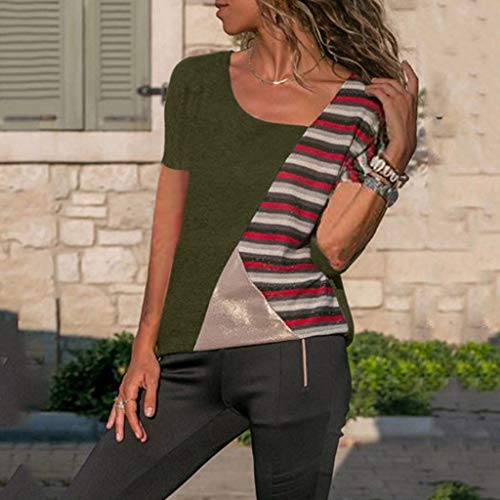 Duseedik Women's Summer Tops Color Matching T-Shirt O-Neck Casual Short Sleeved Patchwork Striped T-Shirt Tunic Army Green