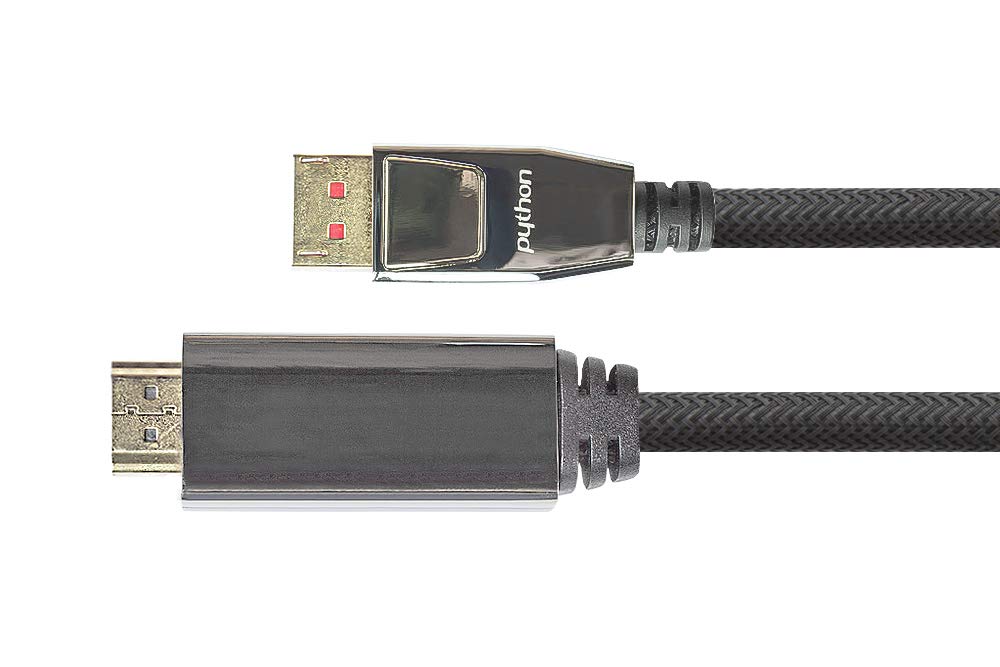 Python Series Premium DisplayPort 1.4 to HDMI 2.0 Connection Cable - 4K / UHD @ 60Hz - Adapter Cable - Triple Shielding Full Metal Connector Gold-Plated Copper Conductor - Nylon Braided - Black, 1 m