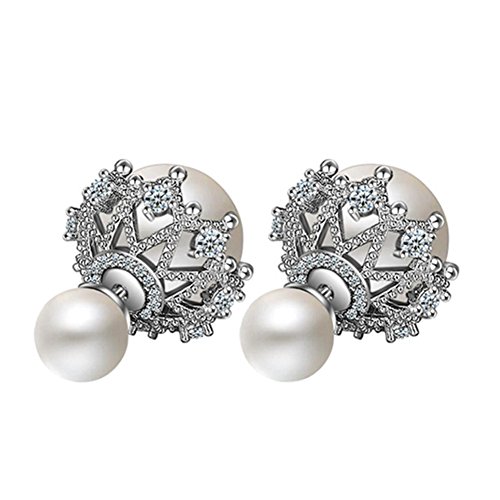 Sterling Silver Plated CZ Two-Tone Hollow Lace double-sided balls Simulated Pearl Women Stud Earrings