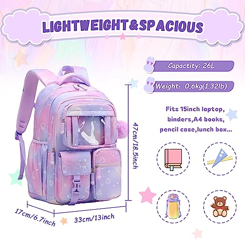 PIG PIG GIRL Kids Backpack for Girls - School Bags for Middle School Students - Book Bag for Elementary Primary - Kawaii Ita Backpack - Purple