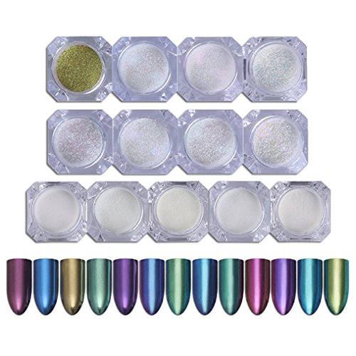 NICOLE DIARY 13Boxes Mermaid Nail Powder & Chameleon Mirror Effect Powder Set Shimmer Laser Chrome Pigment Dust Nail Tips Decoration