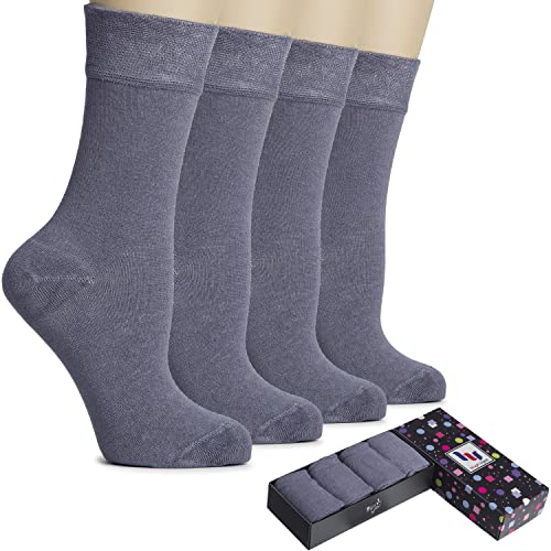 Hugh Ugoli Women's Cotton Dress Socks for Business and Trouser Thin Crew Socks Seamless Toe 4 Pairs with Luxury Gift Box