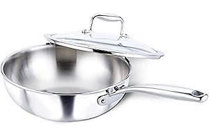 QX LIVING Stainless Steel Tri-Ply Clad Wok, Your Every Day Frying Pan with Tempered Glass Lid, 10 Inch Diameter, 1.6kg Wok Bo