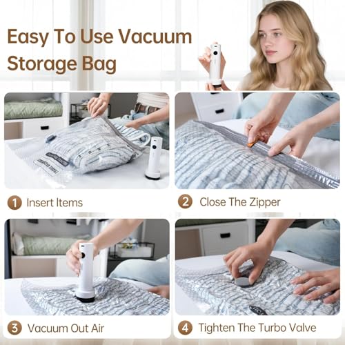 Travel Vacuum Bags for Clothing with Rechargeable Electric Pump - Portable Space Saver Bags for Travel & Home - Vacuum Compression Packing Seal for Clothes, Blankets, Seasonal Storage 12 Combo Set
