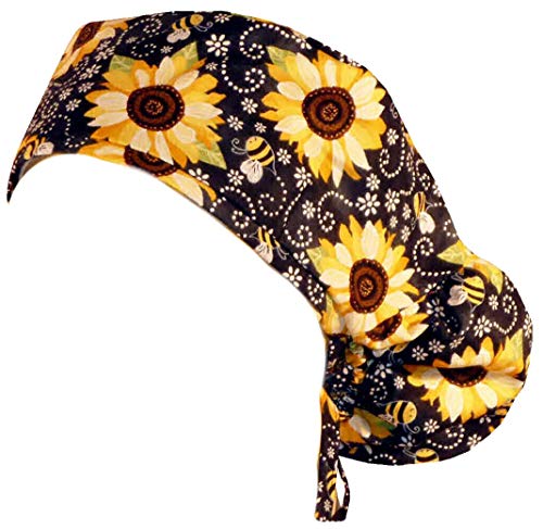 Big Hair Women's Scrub Cap - Sunflowers on Black