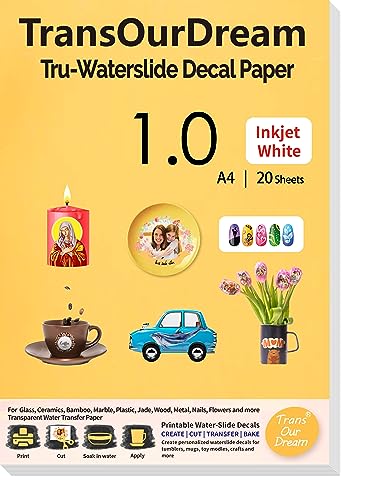 TransOurDream Water Slide Decal Paper Inkjet White (20 Sheets, A4) Water Transfer Paper Printable Water Slide Decals for Tumblers, Mugs, Glasses, Candles,Crafts (Trans-018)