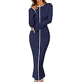 MEROKEETY Women's Fall Long Bell Sleeve Sweater Dress 2025 Elegant Bodycon Color Block Knit Midi Maxi Dresses