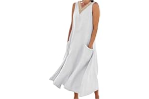 Gcvizuso Summer Dresses for Women 2024 Casual Cotton Linen Dress Sleeveless Flowy Maxi Sundress Solid Beach Tank Dress
