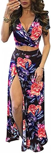 Gobought Womens 2 Piece Outfits Summer Floral Beach Crop and Side Slit Skirt