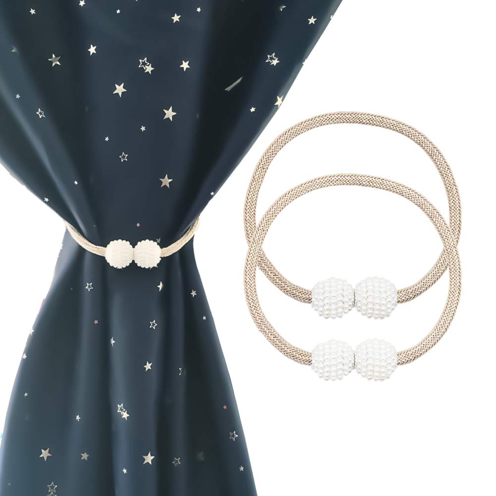 RIJAHO Magnetic Curtain Tie backs, 2 Pack Nylon Braided Rope Tie Backs for Curtains with Pearl Ball, Beige