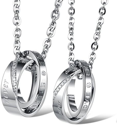 Jewow Jewellery 2 Piece Stainless Steel Interlocking Double Ring Necklaces Gifts for Couples