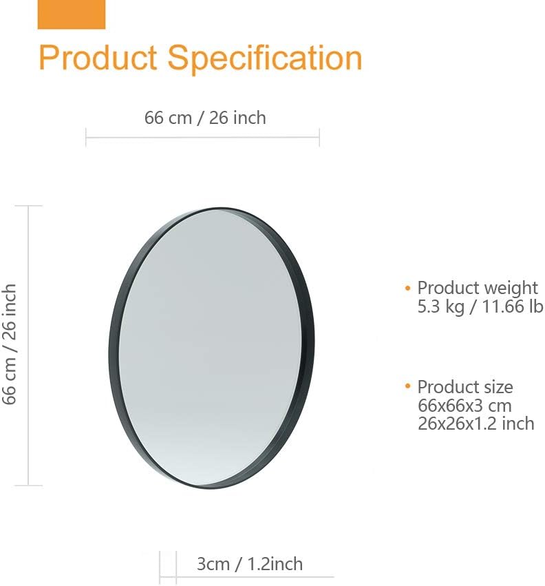 KAASUN 26-Inch Large Wall Mounted Round Mirror Premium Brushed Metal Coated Frame Black Wall Mirror for Washroom, Entryways, Living Rooms: Furniture & Decor