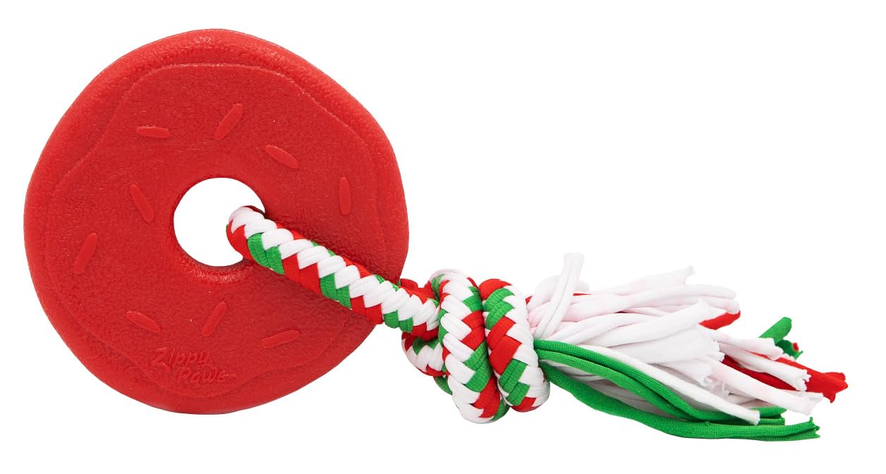 ZippyPaws ZippyTuff Teethers, Tough Chew Dog Toy for Young Puppies, Holiday Themed, Donut Red