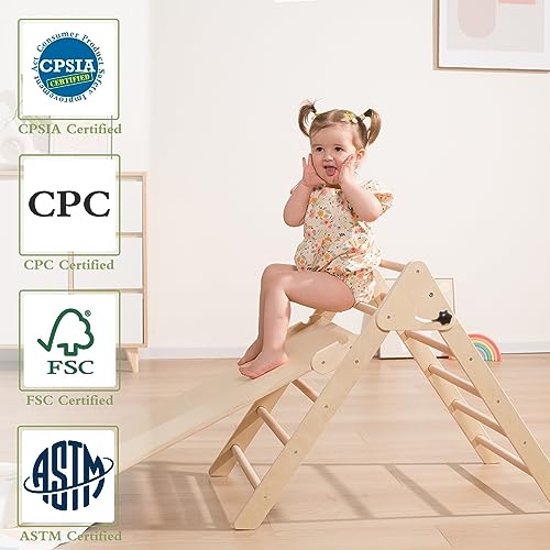 Upgraded Version Foldable Wooden Climbing Triangle with Sliding Ramp, 3