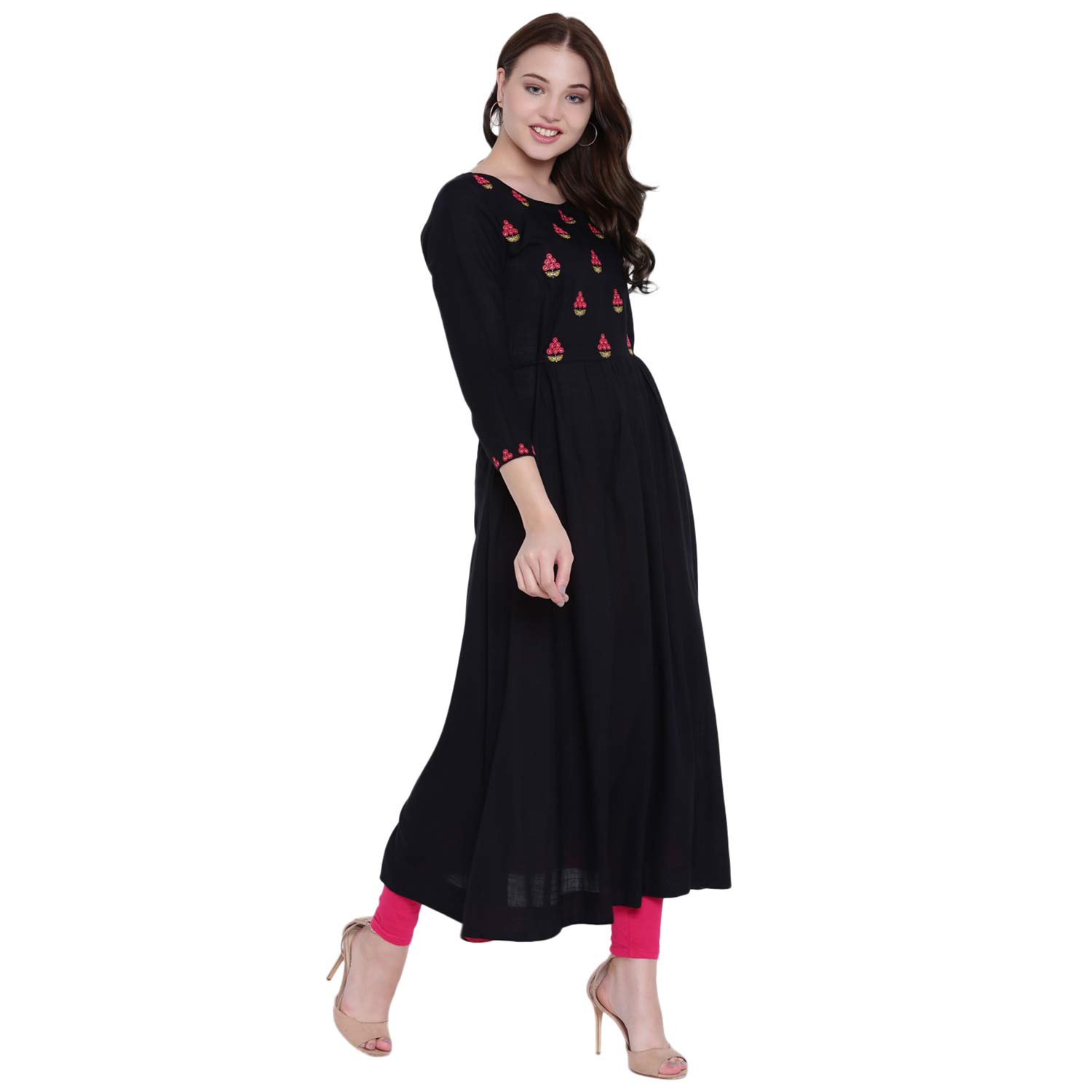 gulmohar jaipur women's rayon slub a-line kurti (black)