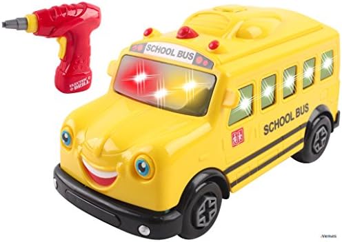 Memtes Take-A-Part School Bus Toy with Power Drill, Lights and Various Music Sounds (15 Pieces)