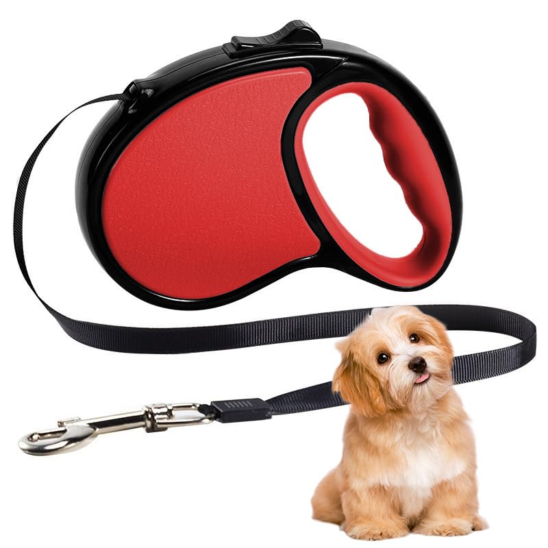 Retractable Dog Lead, 5m/20kg Red Heavy-Duty Extendable Dog Leads for Small to Medium Dogs; 360°Tangle-Free Smooth Nylon Tape Ribbon Leash, One-Handed Brake&Lock, Bonus Training (Red)