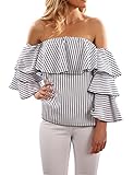 BMJL Women's Striped Shirt Ruffle Off the Shoulder Tops Blouse
