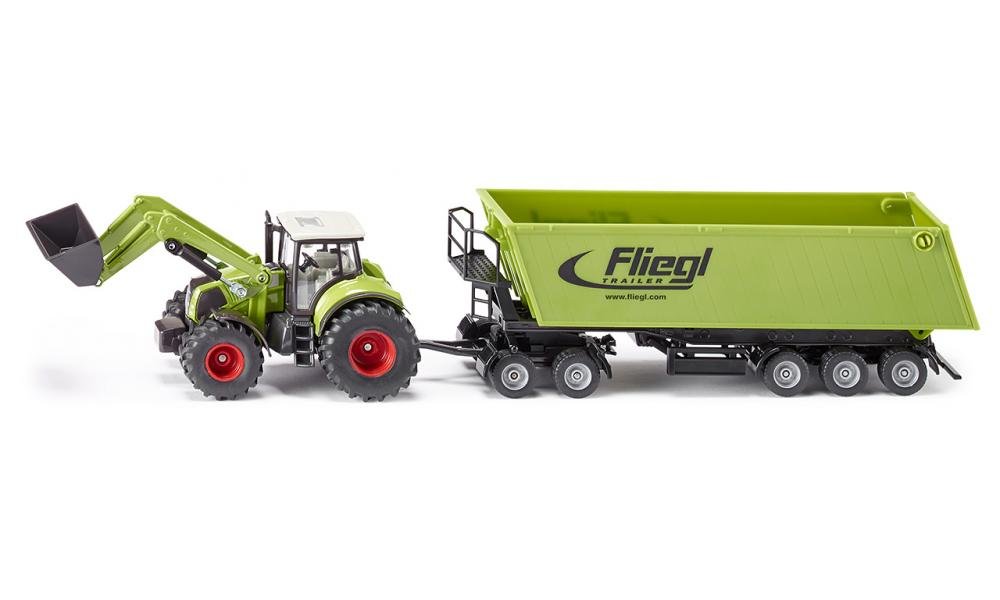 siku 1949, Claas Axion tractor with Front Loader, Dolly and Tipping Trailer, 1:50, Metal,Plastic, Green, Movable shovel and front loader swing arm, Tiltable trough